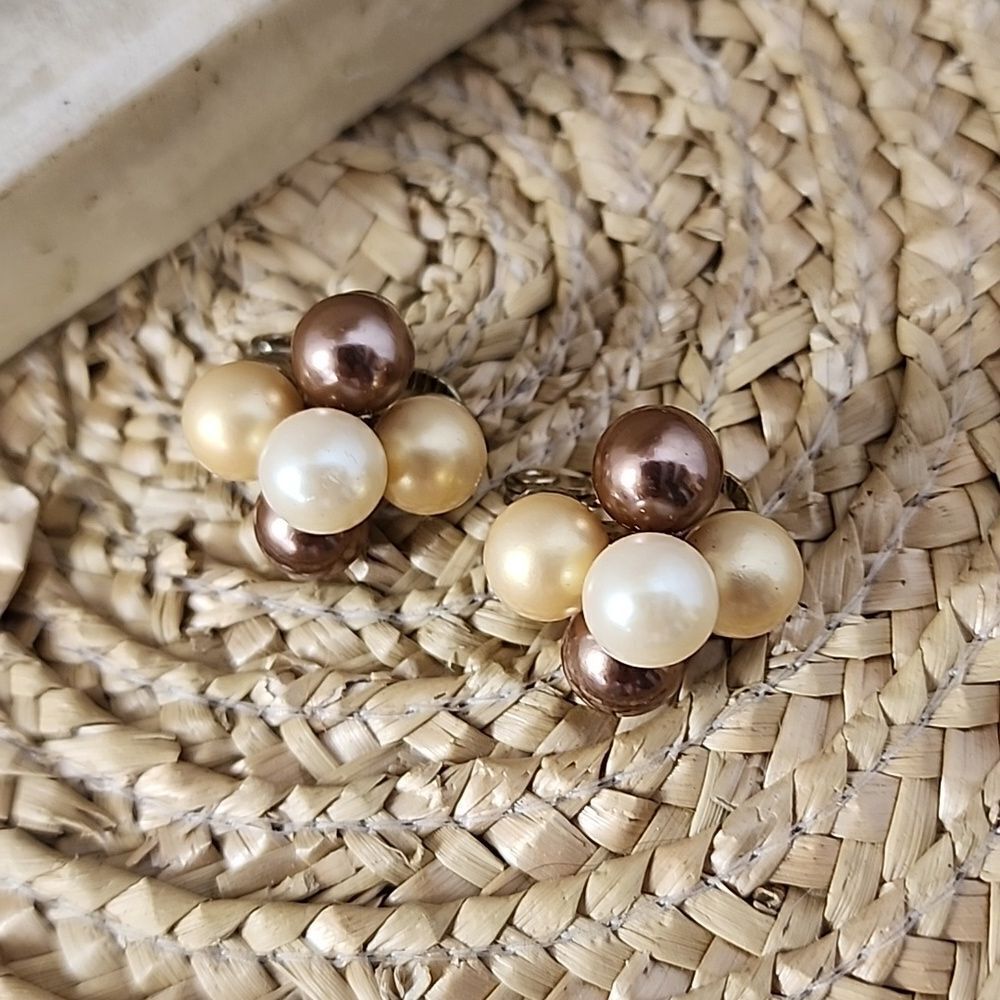 Vintage Monet Clip On Faux Pearl Cluster Earrings